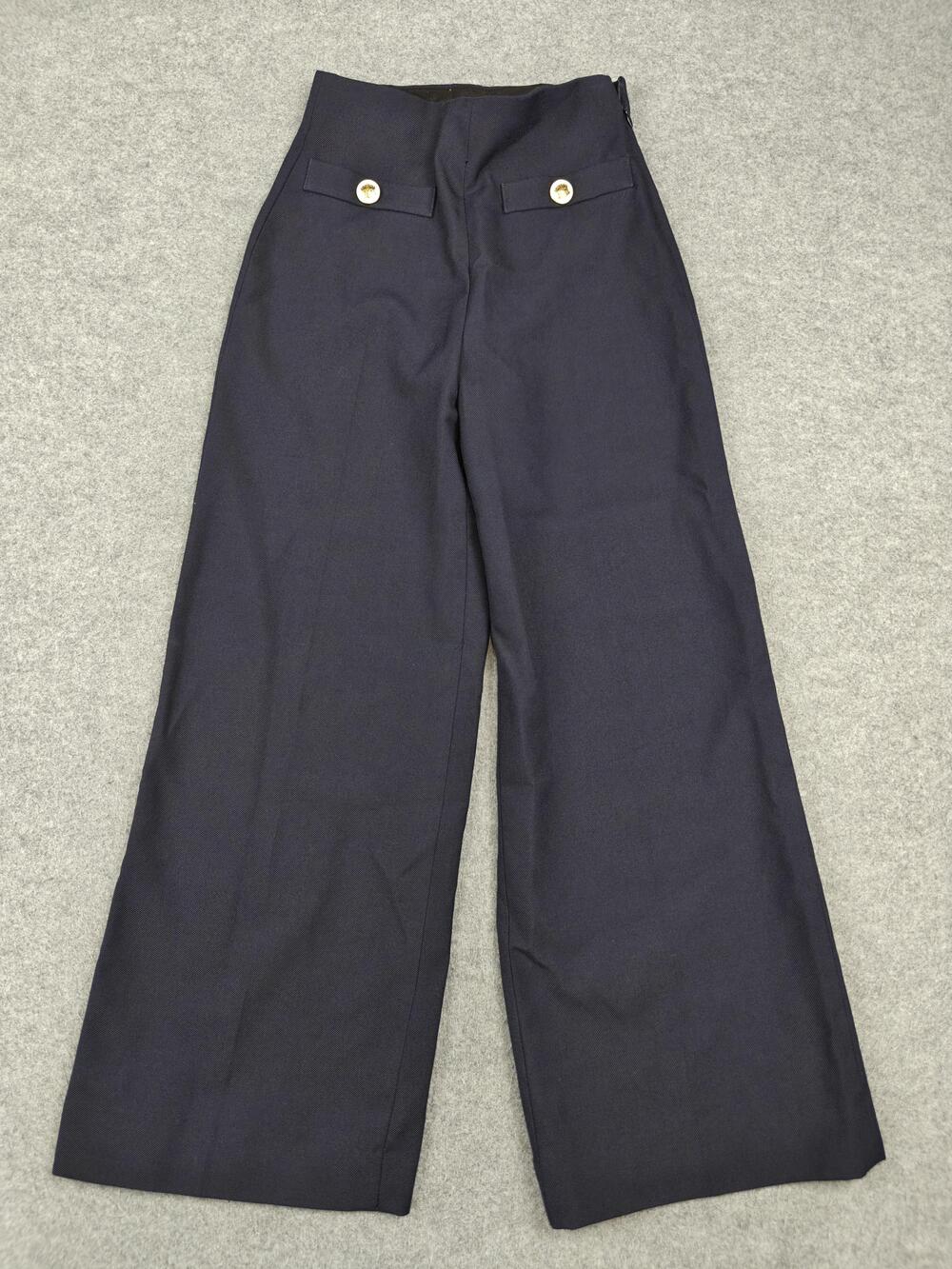 Sandro Pants Womens 34 Navy Wide-Leg Lined Pockets Button Business Poly Twill